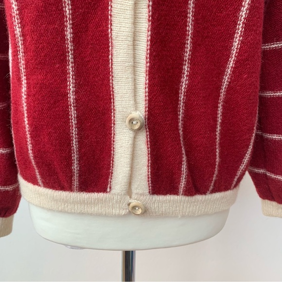 Vintage Welsh Knit Ann Luffman Ladies Wool Cardigan Red Vertical Stripe Wood - Picture 3 of 8